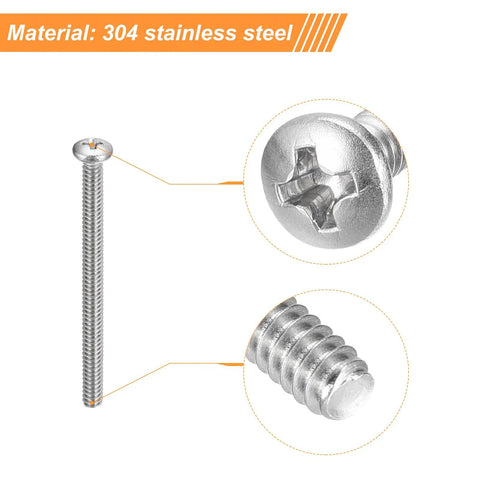 Boss Level Four Forty One Half Inch Pan Head Machine Screws Sporting Phillips Drive Built From Pro Grade 304 Stainless Steel For Rock Solid Home Builds And Tough Shop Work Pack Of Twenty Five close-up of pan head and threaded shaft