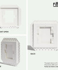 Seamless Flush Access Panel Cover Solid Steel 12 By 12 Inch White Paintable Wall Concealment Door shown open from front and side views.