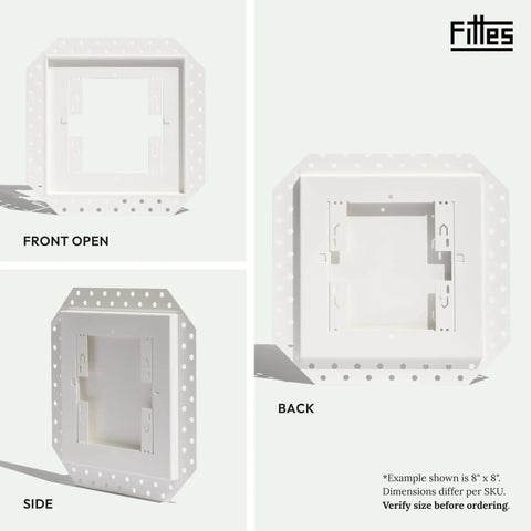 Seamless Flush Access Panel Cover Solid Steel 12 By 12 Inch White Paintable Wall Concealment Door shown open from front and side views.