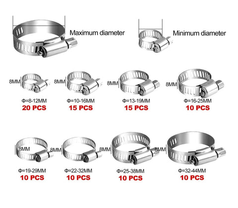 Top Quality 100Pcs Hose Clamps Kit Featuring 1/4 To 23 Inch 32 Size Range With Super Durable 304 Stainless Steel Worm Gear Design Perfect For Intercoolers Pipes And Various Auto Projects On Any Ride, 8mm clamps set