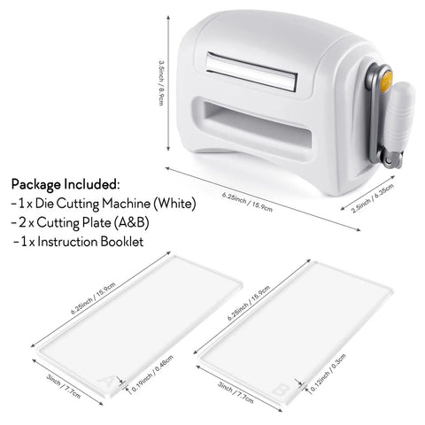 Portable Manual Die Cutting And Embossing Machine For DIY Crafting Hand Operated Paper Card Scrapbook Die Cutter, white with plates.
