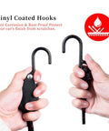 Hands holding Two Pack Kayak Tie Down Straps 1/4 Inch Wide By 12 Feet Long Adjustable Bow And Stern Straps with vinyl-coated S-hooks.