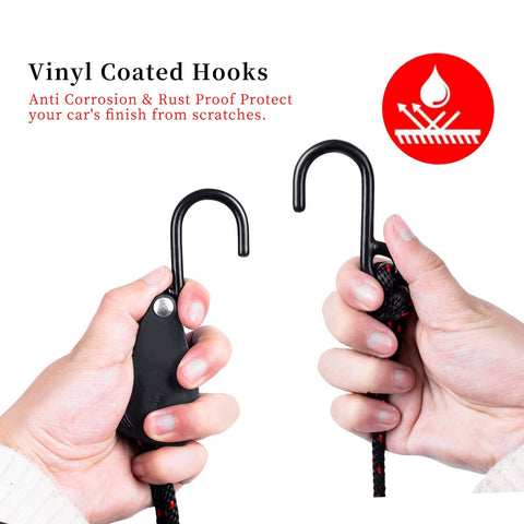 Hands holding Two Pack Kayak Tie Down Straps 1/4 Inch Wide By 12 Feet Long Adjustable Bow And Stern Straps with vinyl-coated S-hooks.
