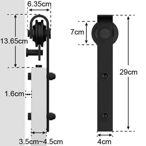Diagram of Your Go To Sliding Barn Door Roller Hardware Kit With J Shape Design, showing dimensions of frosted black rollers and track.