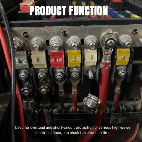 Three Piece Built Tough Bolt On Midi Fuses Featuring Fork Mount Design Rated At 70A High Current Capacity Copper Plated Universal Protector For Street Trucks And Work Haulers with bolts, wires, and fuses.