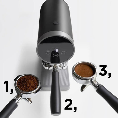 Automatic 58mm Electric Coffee Tamper With Height Adjustable Stand and Rock Solid Precision Press for Smooth Espresso Pulls demonstrating coffee grounds.