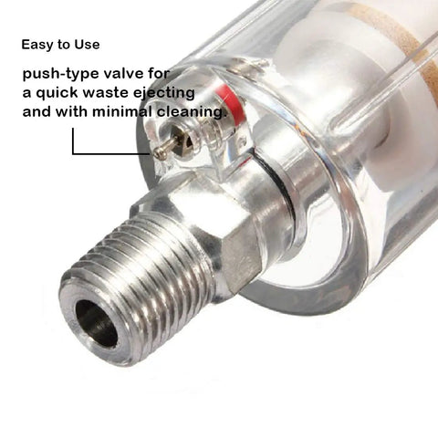 Close-up of Water Oil Separator Filter Set for Spray Guns and Air Compressors One Quarter Inch NPT Thread Inlet with valve