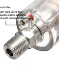 Hella Heavy Duty Water Oil Separator Filter For Air Compressor Built Different With Quarter Inch NPT Threads showing push-type valve detail.