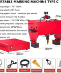 Absolute Workhorse Pneumatic Dot Peen Metal Marking Engraver Sleek Handheld Stamping Tool With Durable Carbide Needle shown with dimensions for marking steel and aluminum.