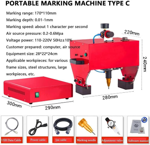 Absolute Workhorse Pneumatic Dot Peen Metal Marking Engraver Sleek Handheld Stamping Tool With Durable Carbide Needle shown with dimensions for marking steel and aluminum.