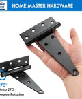 6 Inch T Strap Heavy Duty Shed Door Hinges Black Tee Hinge For Wooden Fences Yard Doors Barn Doors Gates Rustproof Wrought Iron With Screws 2 Pack Includes Mounting Hardware Ready For Left Or Right Handed Install Weather Resistant Finish Outdoor Ready displayed in hand with 270 degree rotation