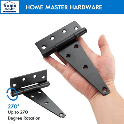 6 Inch T Strap Heavy Duty Shed Door Hinges Black Tee Hinge For Wooden Fences Yard Doors Barn Doors Gates Rustproof Wrought Iron With Screws 2 Pack Includes Mounting Hardware Ready For Left Or Right Handed Install Weather Resistant Finish Outdoor Ready displayed in hand with 270 degree rotation