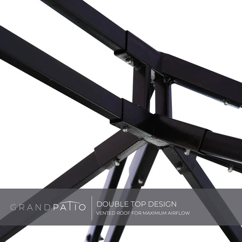 Close-up of frame design for Outdoor Gazebo 10x13 With Mosquito Netting And Curtains, vented roof for maximum airflow.