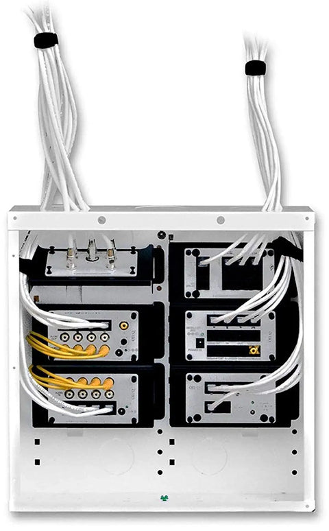 14 Inch In Wall Cable Management Media Box With 20 Gauge Steel Enclosure for Structured Wiring; white finish with wire openings.