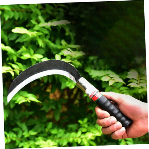 Holding a black Two Piece Manganese Steel Weeding Sickle Ergonomic Short Handle Garden Tool Set For Efficient Weeding Harvesting And Cutting.