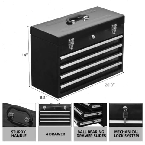 20.5 Inch Portable Metal Tool Box With Four Ball Bearing Sliding Drawers Auto Lock Security Powder Coated Finish Heavy Duty