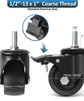 Heavy Duty 3 Inch Swivel Caster Wheels With Half Inch Diameter, 13 TPI, 1 Inch Threaded Stem, Brake. Set of 4 for carts.