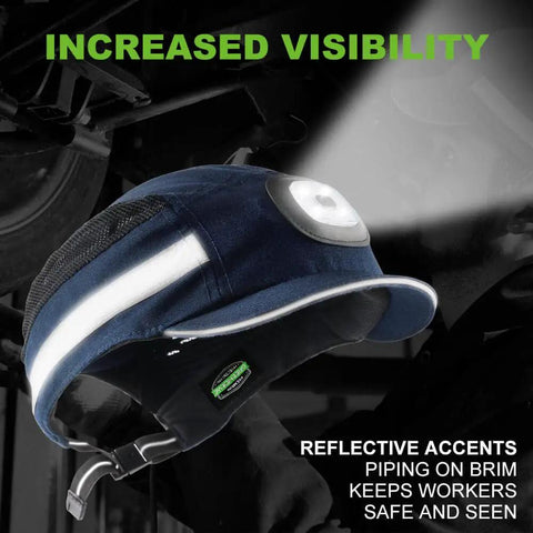 Bump Cap With LED Headlamp, Lightweight Breathable Safety Hat, Navy Blue with Reflective Accents, USB Rechargeable Cap Light