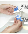 Hands peeling backing liner from Clear UV Blocking Window Film 30 Inch By 25 Feet With Scratch Resistant Coating Keeps Broken Glass Together