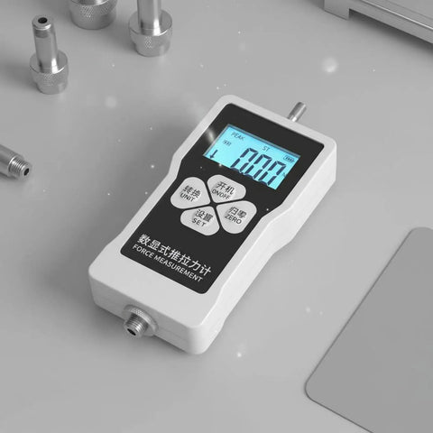 Portable Digital Push Pull Force Gauge For Tension And Compression Testing, AA Powered Dynamometer With Peak Hold Mode, Unit Conversion Between N Kg And Lb, Compact On The Go Handheld Gauge For Field Work, white handheld digital force gauge on table
