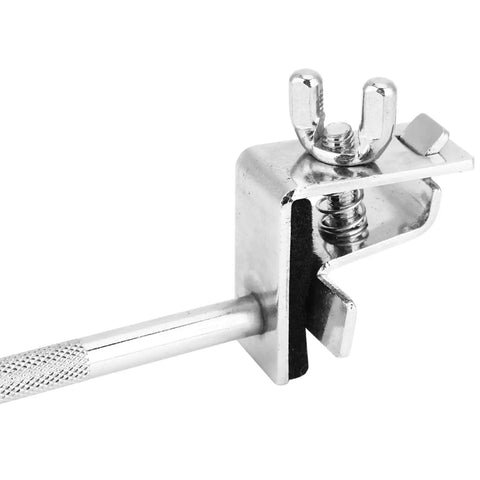 Adjustable Drum Cowbell Mount Holder Clamp for Quick Up or Down Positioning in silver, durable metal for percussion setup.