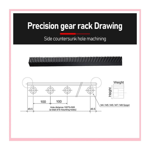 Diagram of Helical Gear Rack 1.5M With Straight Teeth For CNC Transmission, including measurements and countersunk holes.