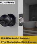 Close-up of matte black round ball handle door knob with privacy lock installed on a bathroom door, showing adjustable latch.