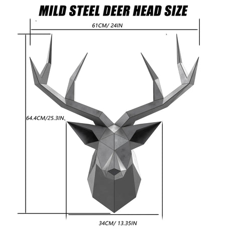 Geometric mild steel deer head with size dimensions, 61cm width, 64.4cm height, 34cm depth.