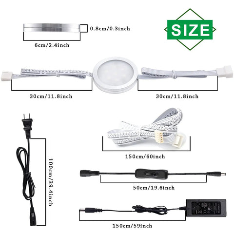Under Cabinet LED Light Kit Dope 24V RGBW Puck Lights with dimensions and power cords, size details shown for flexible installation.