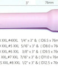 Extra Long Alumina Ceramic TIG Welding Cup Set For WP9 Torches 10 Piece Kit with 1/4 to 1/2 inch sizes, side view
