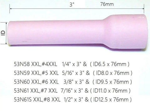Extra Long Alumina Ceramic TIG Welding Cup Set For WP9 Torches 10 Piece Kit with 1/4 to 1/2 inch sizes, side view