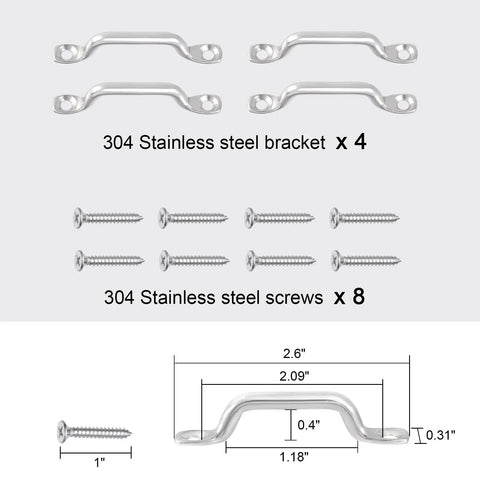 Image showing 1 Inch Stainless Steel Pad Eye Hook Footman Loop For Boats And Marine Use, with four brackets and eight screws.