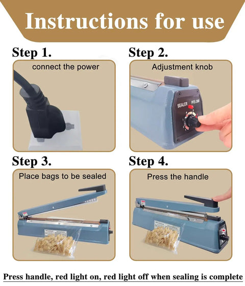 Instructions for 12 Inch 5mm Impulse Heat Sealer Machine With Replacement Parts Bundle, 110V Pro Grade Bag Sealer For Food Storage.