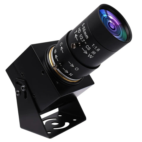 8MP USB Webcam With Manual Focus And Varifocal 5-50mm CS Mount Lens, showing zoom lens and mounting bracket