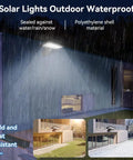 Outdoor Solar Flood Light With Motion Sensor illuminating house exterior in rain, waterproof, 2100LM, no wiring needed