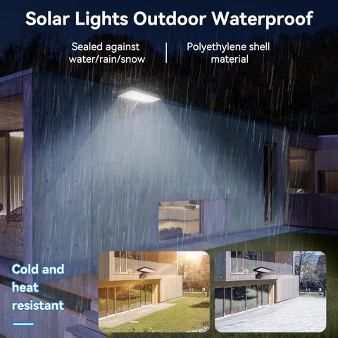 Outdoor Solar Flood Light With Motion Sensor illuminating house exterior in rain, waterproof, 2100LM, no wiring needed