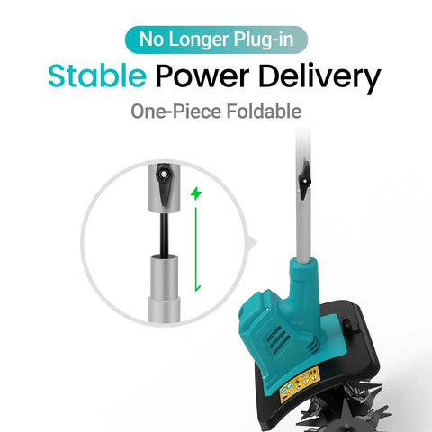 Cordless Brushless Garden Tiller Cultivator 10-inch electric rototiller with power delivery feature and foldable handle