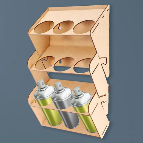 Straight Up Solid Nine Hole Wooden Spray Can Holder And Paint Bottle Rack For Garage Wall Mounted Organizer with spray cans.