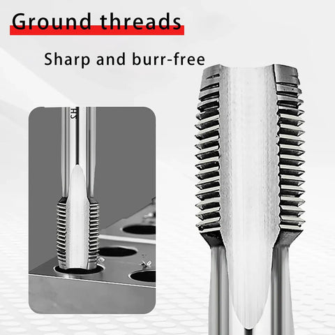 Close-up of M14 x 1.5mm Thread Tap HSS 6542 cutting threads, extra long 200mm, right hand, 4-flute design, industrial use.