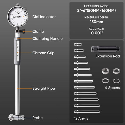 Front view of CARdant Dial Indicator Bore Gauge Set (2-6 in range) with extension rods, probe, chrome grip