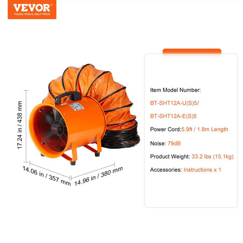Front view of VEVOR Air Mover Blower Fan 12 Inch, 3198CFM 585W with 16.4ft Flexible Duct