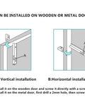 Diagram showing vertical and horizontal installation of Heavy Duty Sliding Door Latch Lock 5 Inch Barrel Gate Bolt Set in solid stainless steel.