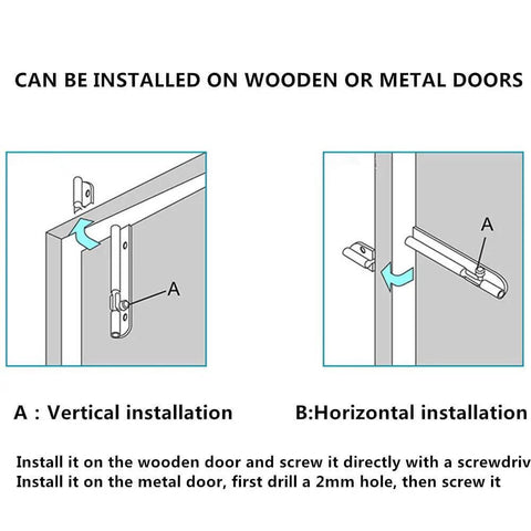 Diagram showing vertical and horizontal installation of Heavy Duty Sliding Door Latch Lock 5 Inch Barrel Gate Bolt Set in solid stainless steel.