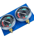 Dual Vacuum Gauge Balancer Kit for 2 Cylinder Motorcycle Carburetors, DIY At Home Balancing With Hoses, Connectors, And Brass Extensions, Improves Throttle Response, Power, Fuel Economy, Smooth Ride. two blue and black vacuum gauges with brass fittings