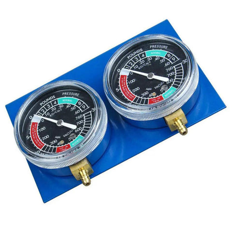 Dual Vacuum Gauge Balancer Kit for 2 Cylinder Motorcycle Carburetors, DIY At Home Balancing With Hoses, Connectors, And Brass Extensions, Improves Throttle Response, Power, Fuel Economy, Smooth Ride. two blue and black vacuum gauges with brass fittings