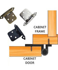 Diagram showing 10 Pcs Self Closing Overlay Cabinet Hinges in cold-rolled steel with mounting screws for kitchen cabinets installation.