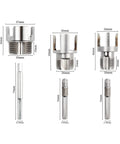 All In One Dual Function Pipe Thread Cutter Kit For Half Inch Three Quarter Inch And One Inch PVC Pipes With Internal And External Threading shown with dimensions