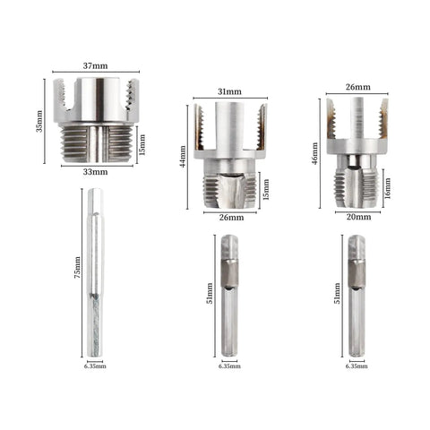 All In One Dual Function Pipe Thread Cutter Kit For Half Inch Three Quarter Inch And One Inch PVC Pipes With Internal And External Threading shown with dimensions