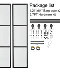Double Sliding Barn Door Set 42 By 84 Inch With 7 Foot Hardware Kit And Soft Close Mechanism Includes Two 21 Inch By 84 Inch Three Pane Clear Glass Panels Carbon Steel Frame No Brainer Install, shown with detailed hardware components including rails and screws.