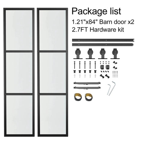 Double Sliding Barn Door Set 42 By 84 Inch With 7 Foot Hardware Kit And Soft Close Mechanism Includes Two 21 Inch By 84 Inch Three Pane Clear Glass Panels Carbon Steel Frame No Brainer Install, shown with detailed hardware components including rails and screws.
